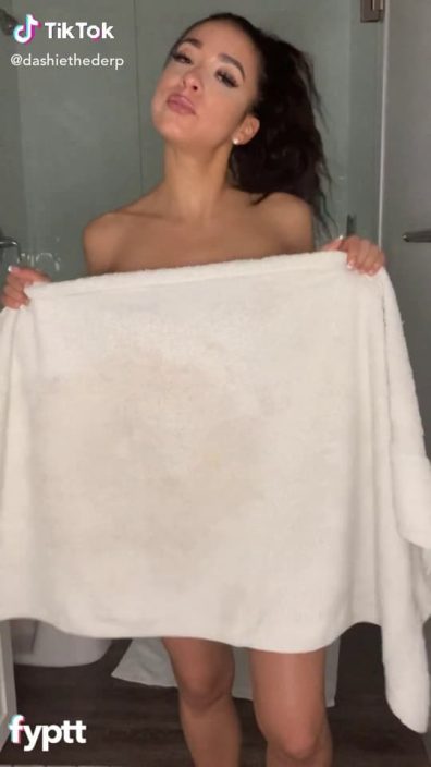 Short brunette girl drops the towel to show her perky pierced TikTok tits
