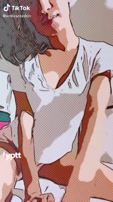 Bored girl uses comic panel filter to show her dark brown TikTok tits
