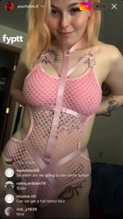 Hot tattooed girl with saggy tits stripping naked on Live and showing her pussy