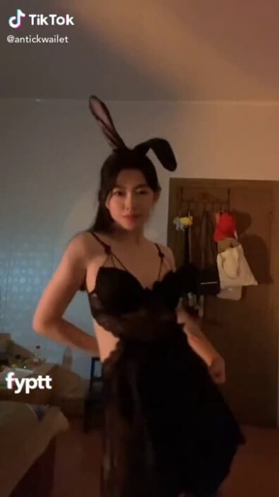 Bunny Asian girl stripping naked off her black nightgown on TikTok as she's dancing to the music